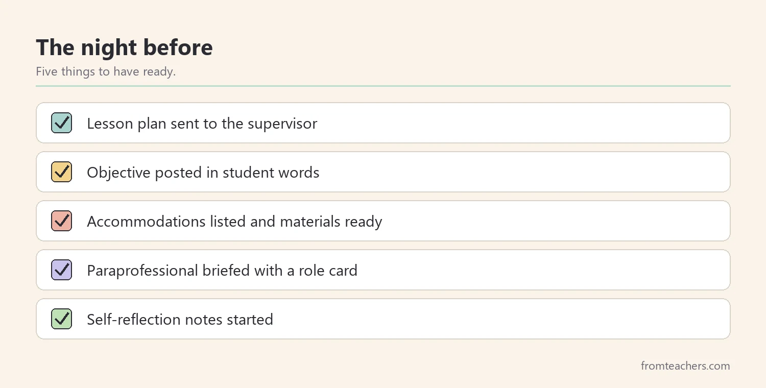 Checklist of five items for a teacher candidate to prepare before an observation
