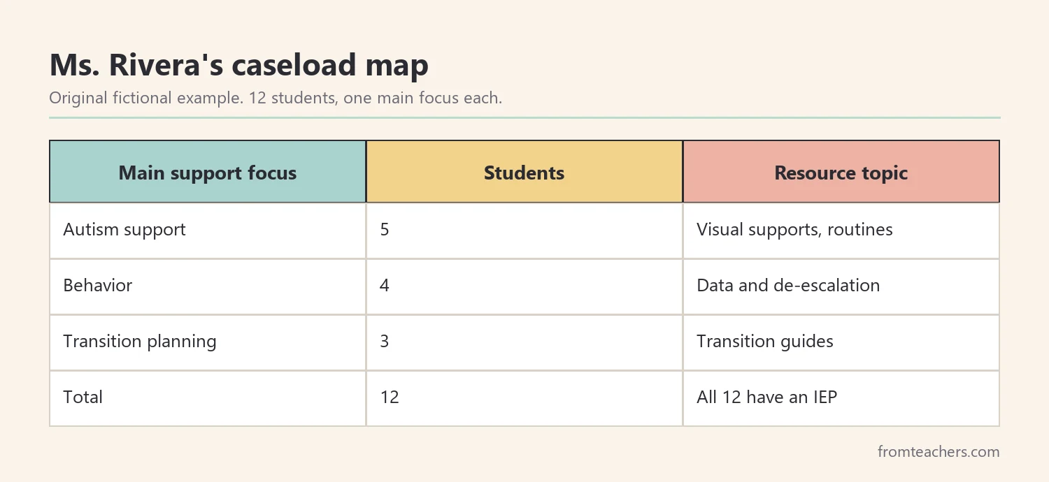 Table of a fictional teacher's caseload of twelve students grouped by main support focus