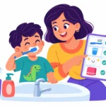 Illustration for special needs parenting tips: a mother helping her young son follow a picture checklist to brush his teeth at the bathroom sink
