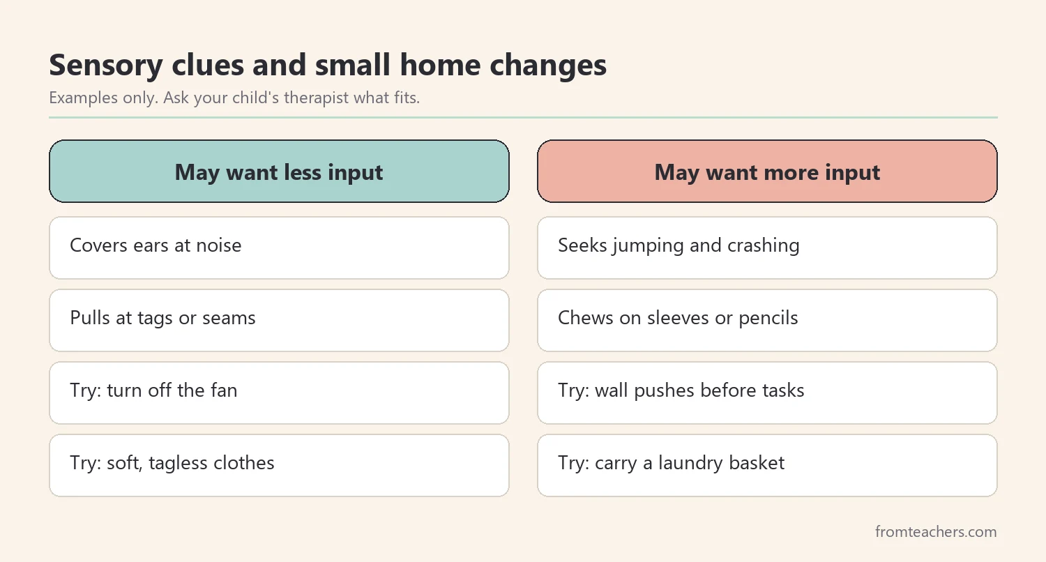 Comparison of signs a child may want less sensory input and signs a child may want more input, with simple home ideas