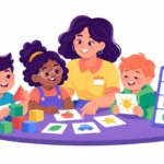Illustration for SPED classroom strategies: a teacher at a small table helping three students with blocks, picture cards, and a visual schedule on the wall