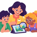 Illustration for spotting fake AI images: a teacher and two curious kids using a magnifying glass to examine a photo on a tablet screen