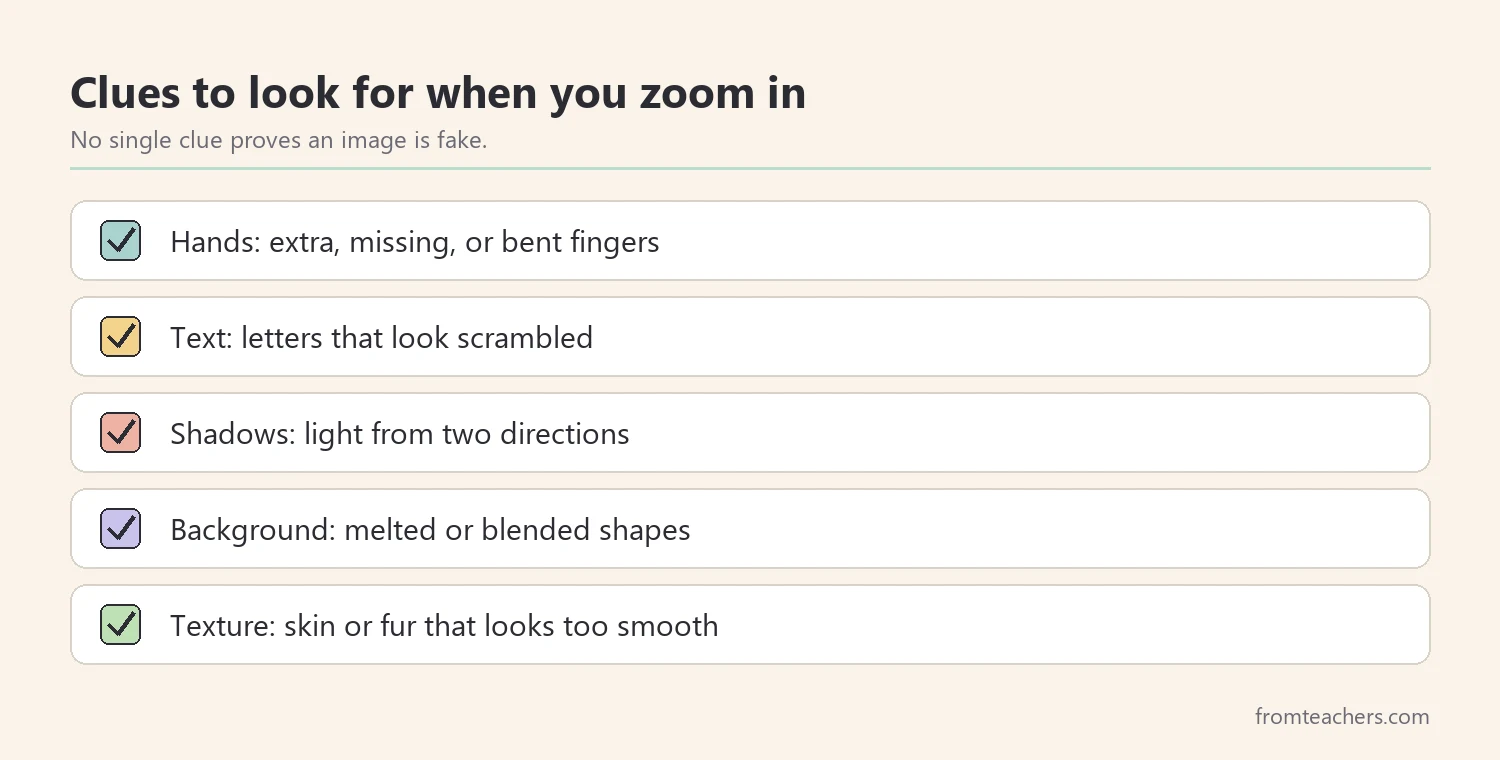 Checklist of visual clues children can look for in a possibly fake image, such as hands, text, and shadows
