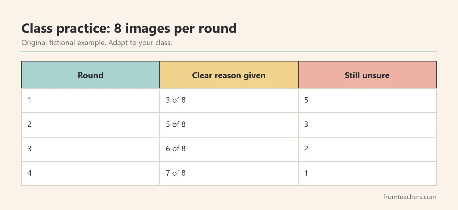 Fictional practice record showing how many of eight images a class judged with a clear reason over four rounds