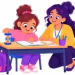 Illustration for starting schoolwork: a girl at her desk turning over a small sand timer and writing the first word in her notebook while a teacher kneels beside her