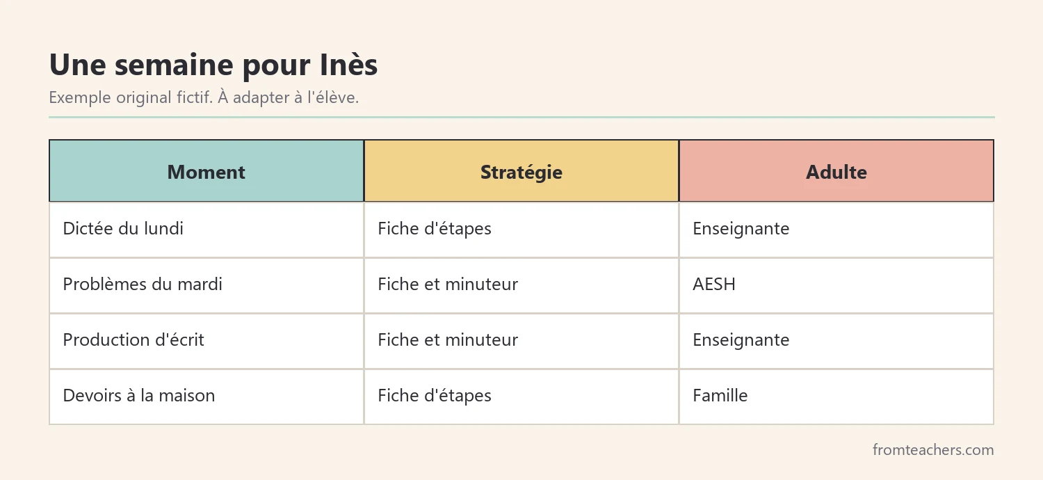 Planning hebdomadaire fictif indiquant le moment, la stratégie et l'adulte responsable