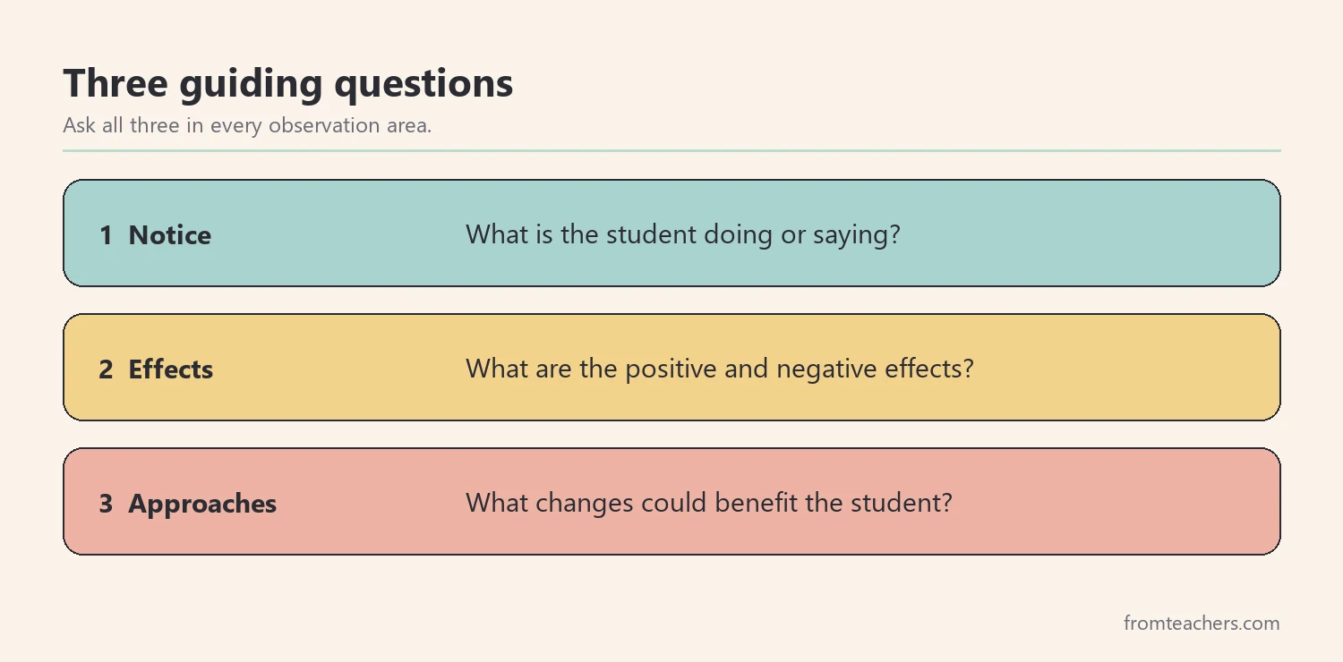 Three numbered guiding questions for each observation area: notice, effects, and approaches