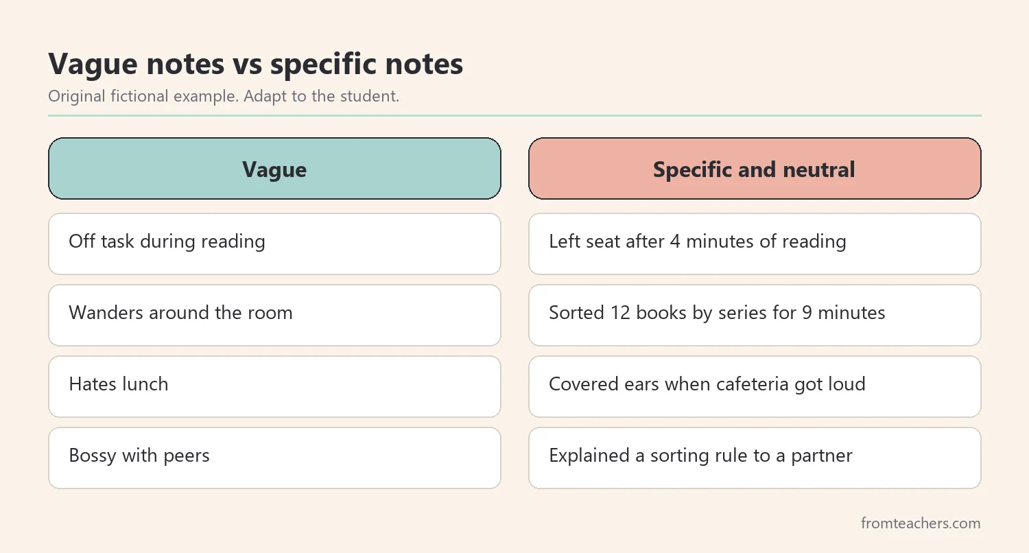Comparison of vague deficit-focused notes and specific strengths-based notes about the same moments