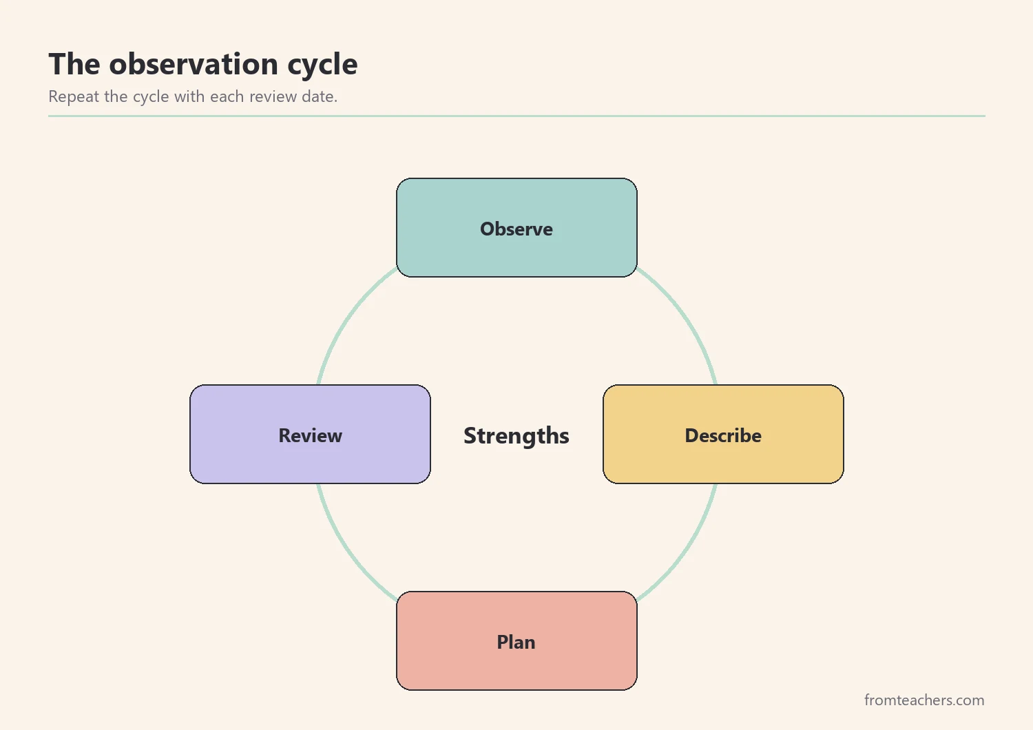 Four-part cycle of observe, describe, plan, and review around the student's strengths
