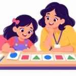 Illustration for strong pattern recognition: a girl arranging colorful shape cards into a repeating sequence on a table while her teacher watches and smiles