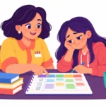 Illustration for student burnout prevention: a teacher and a tired teenage girl reviewing a lighter weekly schedule together at a quiet desk