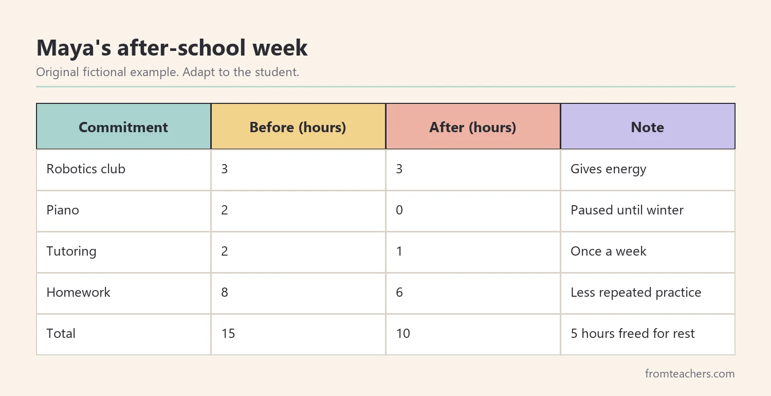 Table comparing Maya's weekly after-school hours before and after lightening her schedule