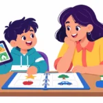 Illustration for a student communication passport: a boy with a tablet communication device showing a folder to a new teacher