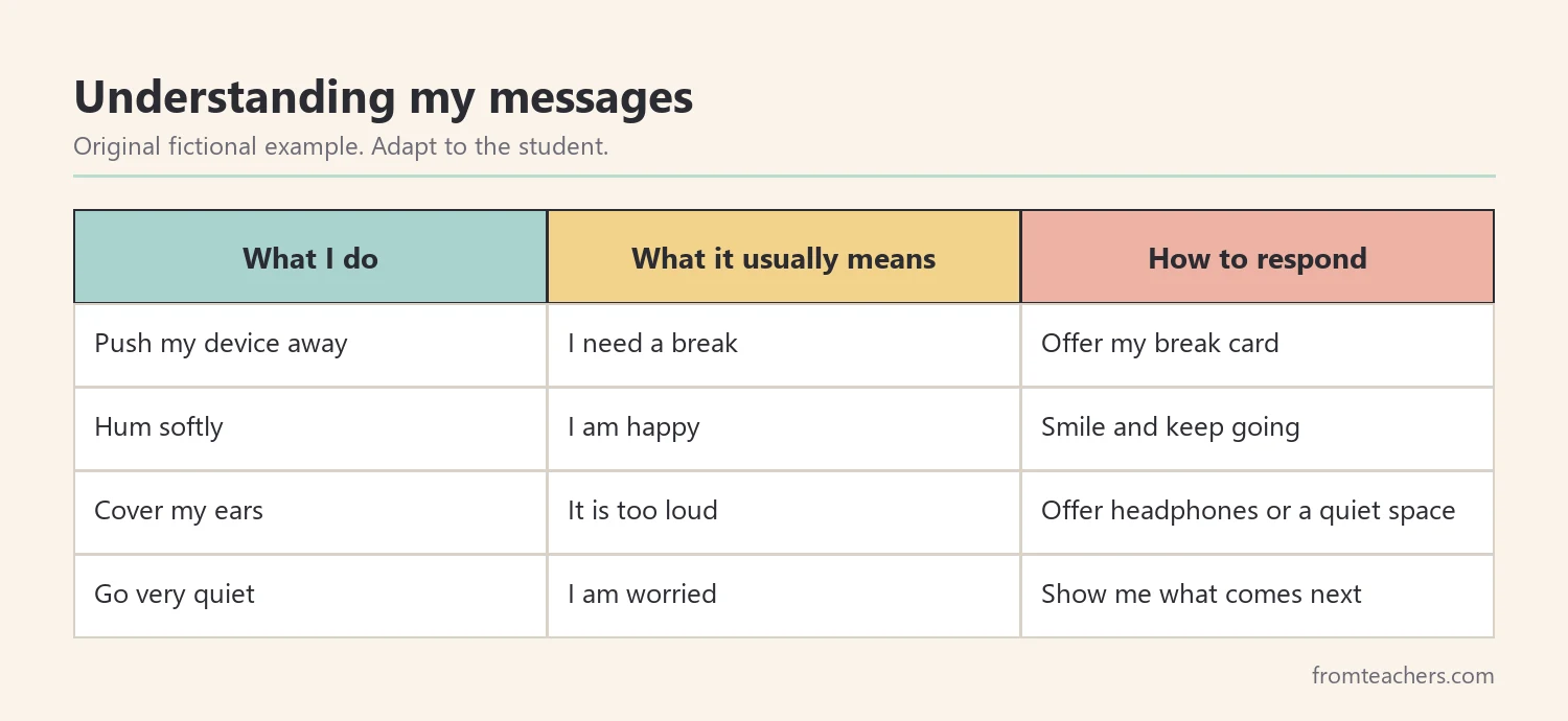 Table of a fictional student's signals, what they usually mean, and how adults can respond