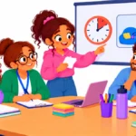Illustration of a teenage girl presenting slides at her own IEP meeting while teachers and her mother listen