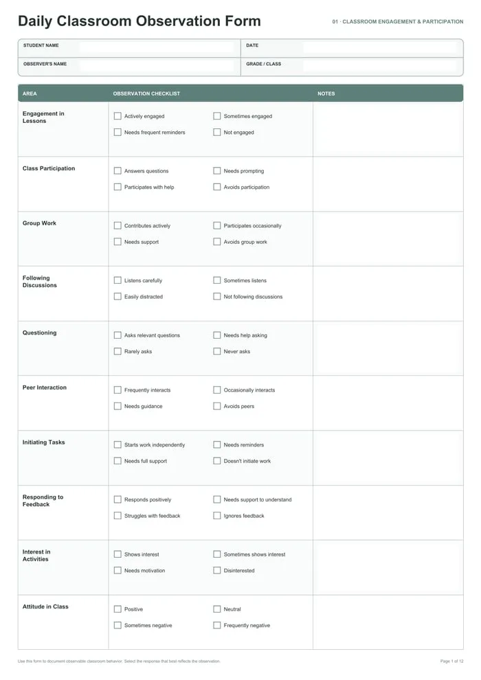 student observation form resource cover