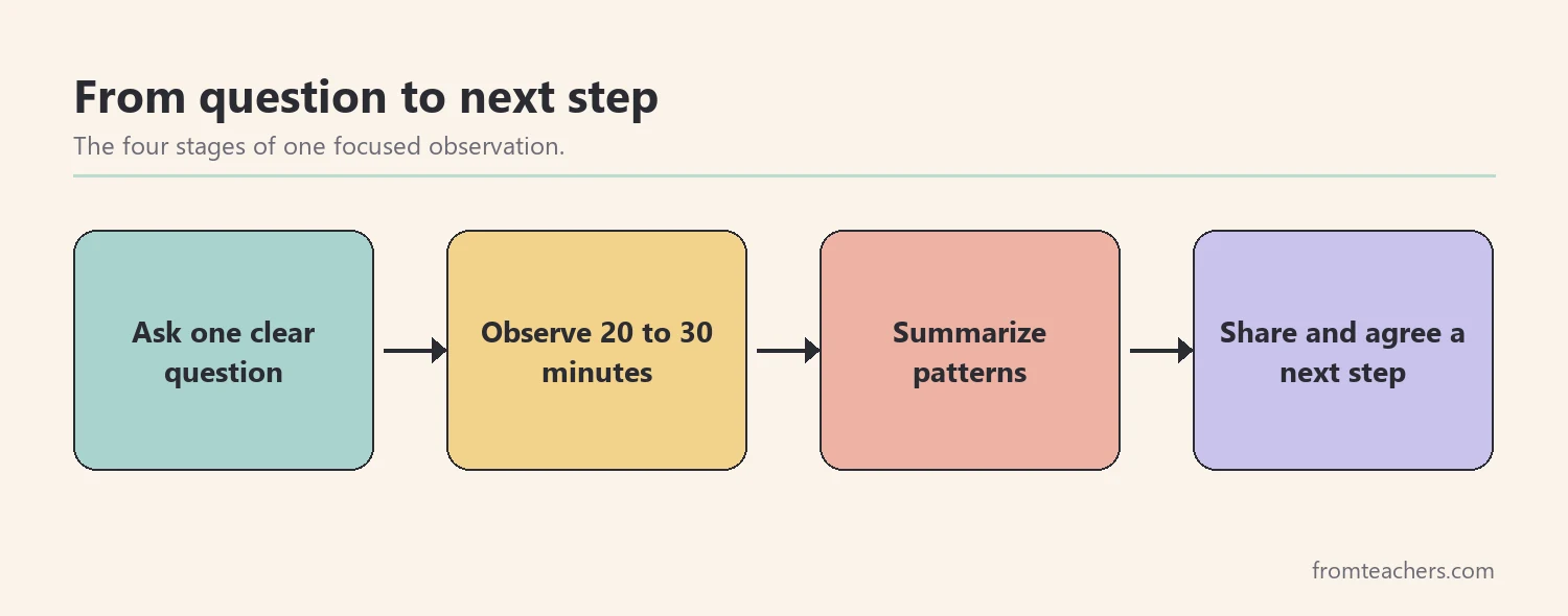 Flow diagram with four stages: ask a question, observe, summarize, and share with the team