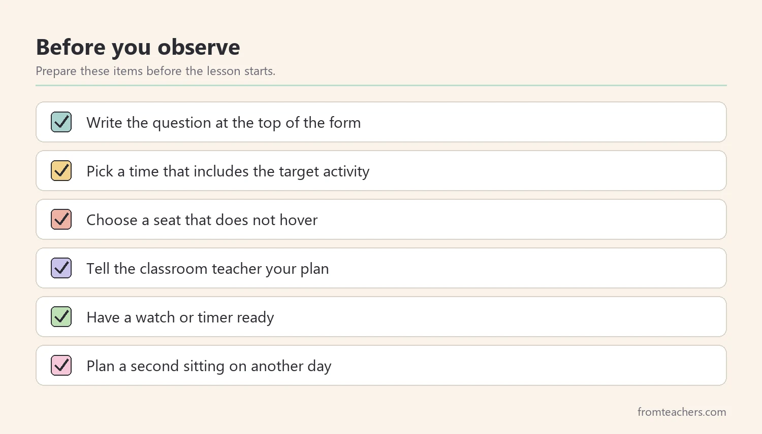 Checklist of six things to prepare before a classroom observation