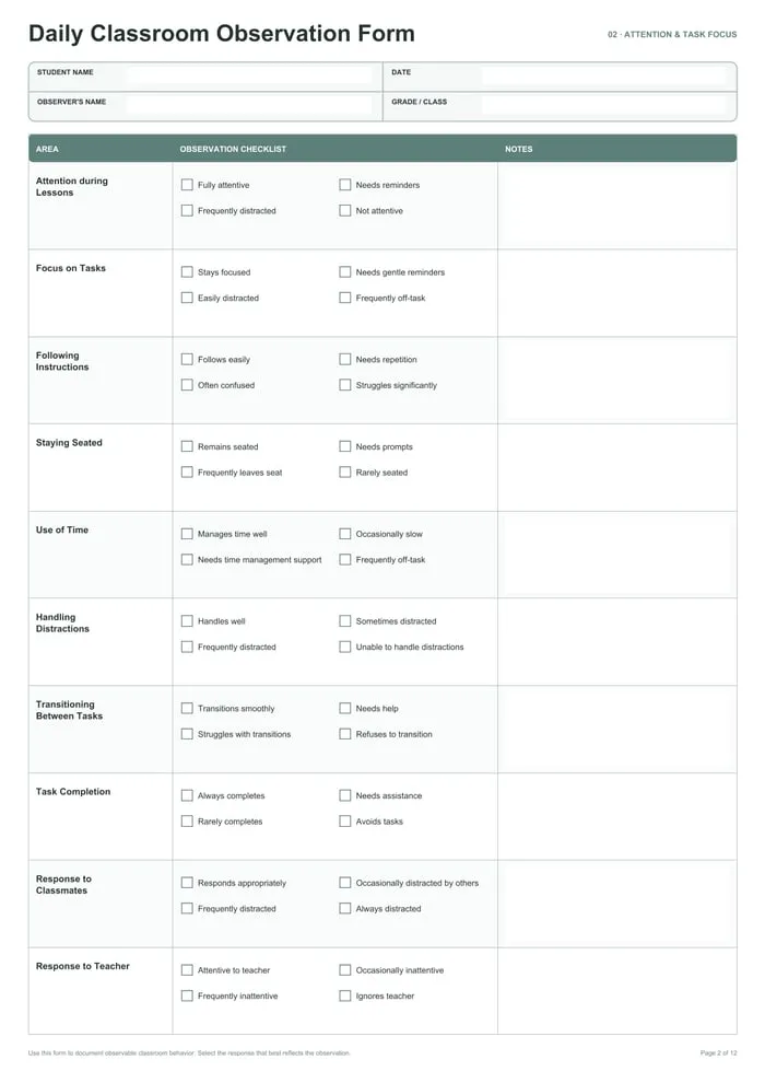 student observation form printable pages preview