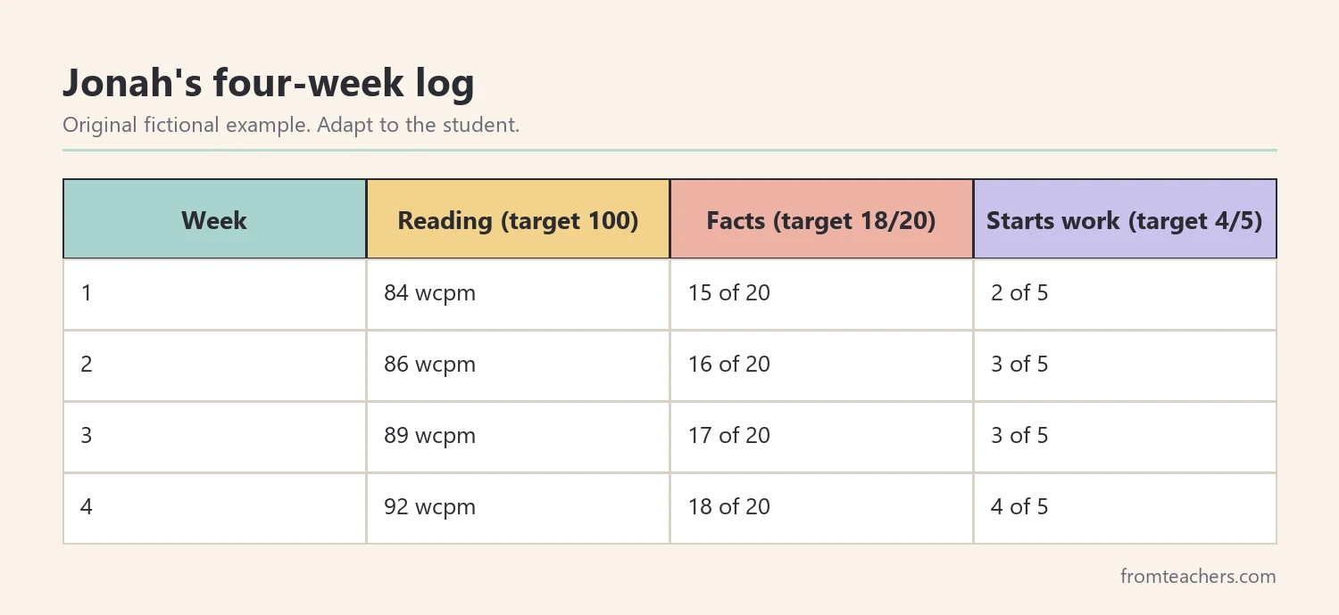 Four weekly progress log entries for a fictional fifth grader on reading, math facts, and work habits
