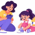Illustration for student skills checklists: a teacher holding a clipboard and smiling as a girl ties her shoe on her own
