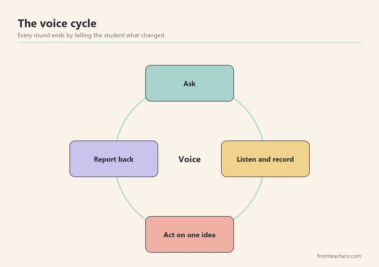 Cycle of ask, listen, act, and report back for student voice