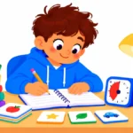 Illustration for study habits checklist: a boy studying at a tidy desk with a small timer and flashcards while a lamp glows and a plant sits nearby