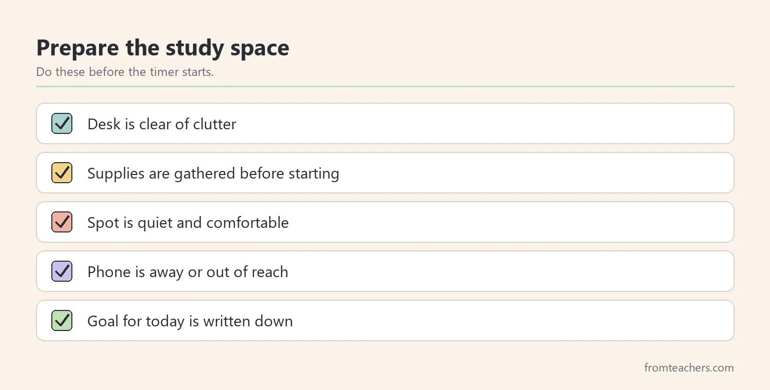 Checklist for preparing a study space: clear desk, supplies gathered, quiet spot, phone away, and today's goal written down
