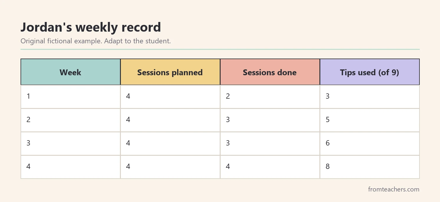 Four weeks of fictional data showing study sessions planned, sessions completed, and checklist tips used out of nine