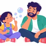 Illustration for summer emotional regulation: a girl blowing bubbles to practice slow breathing while her dad sits beside her on a shady porch