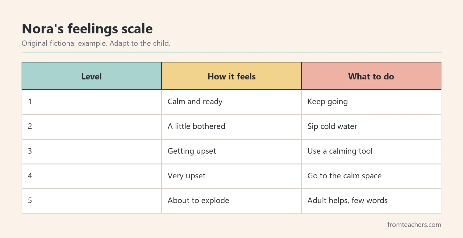 Five-level feelings scale from calm to about to explode with a matching action for each level