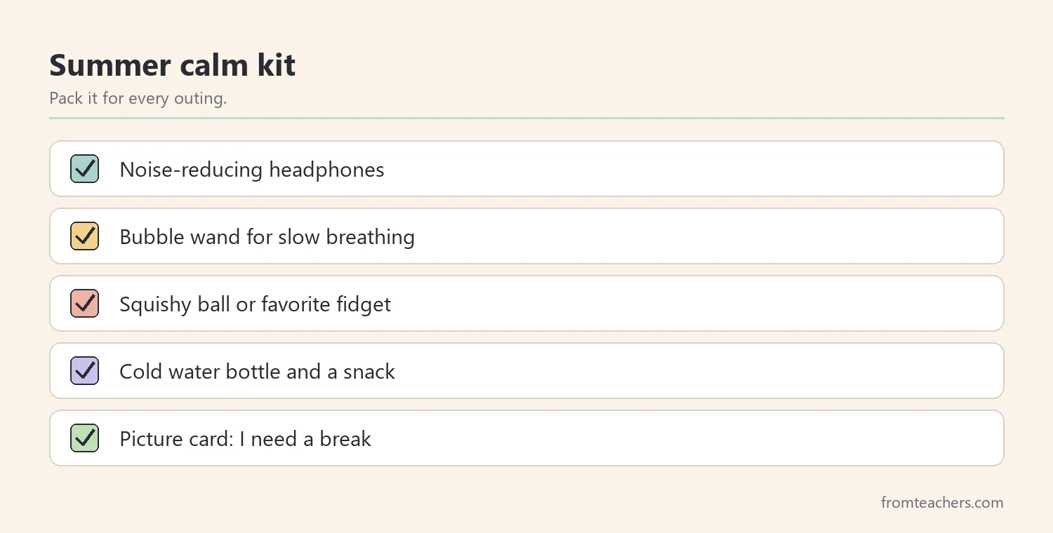 Checklist of items to pack in a summer calm kit for outings