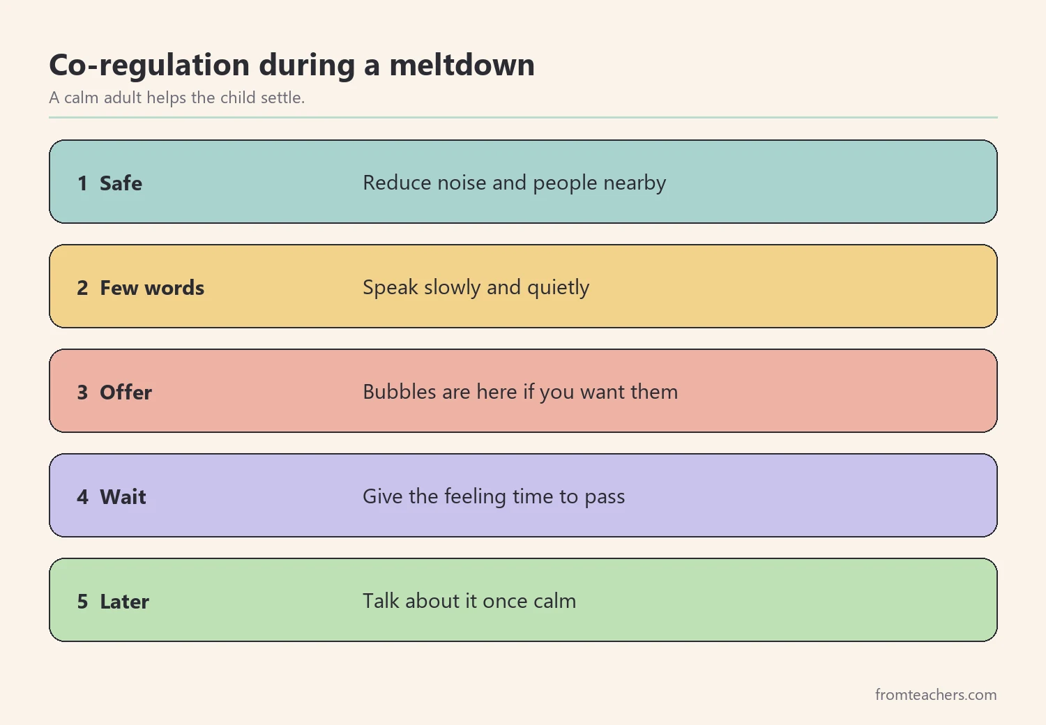 Five steps an adult can follow during a child's meltdown: safety, few words, offer a tool, wait, and talk later