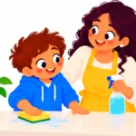 Illustration for summer life skills: a mother smiling as her son wipes the kitchen counter with a sponge on a sunny morning