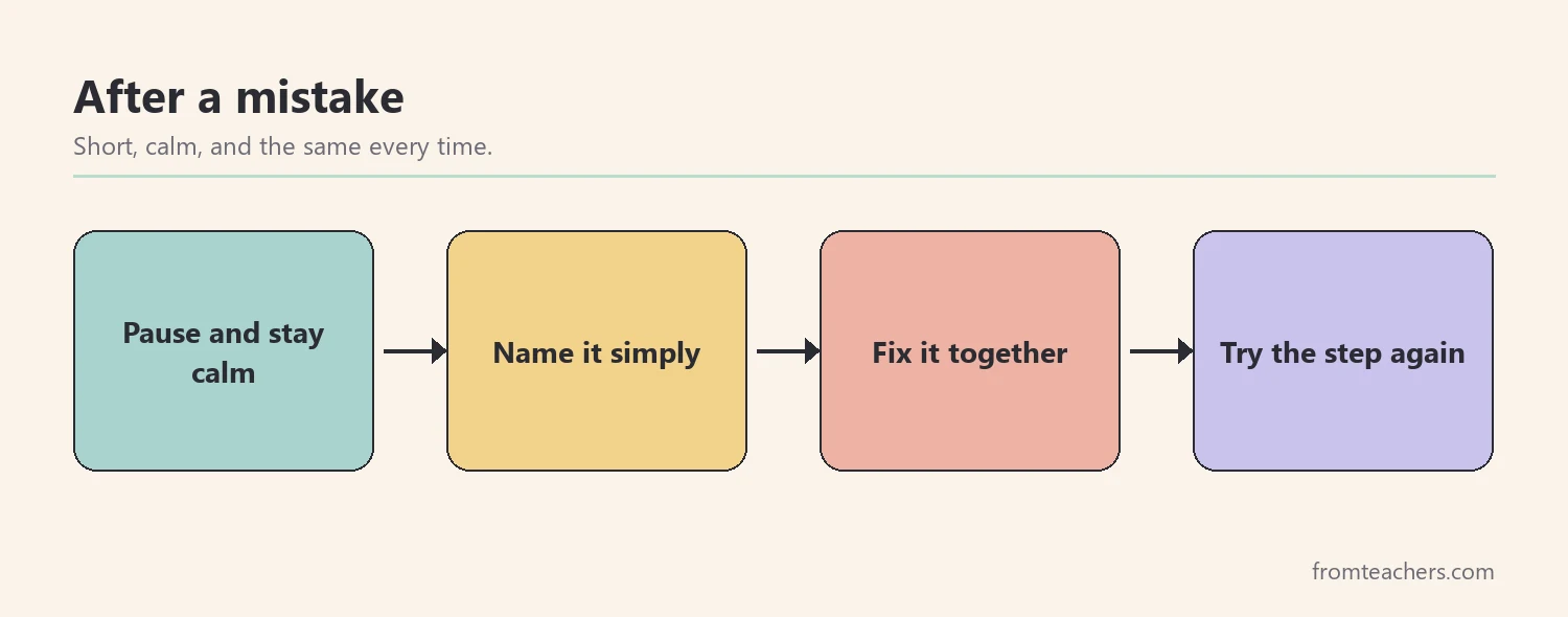 Flow of four steps for responding calmly to a mistake during a life skill