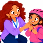 Illustration for summer safety for kids: a teacher showing a girl how to put on a bike helmet in a sunny schoolyard