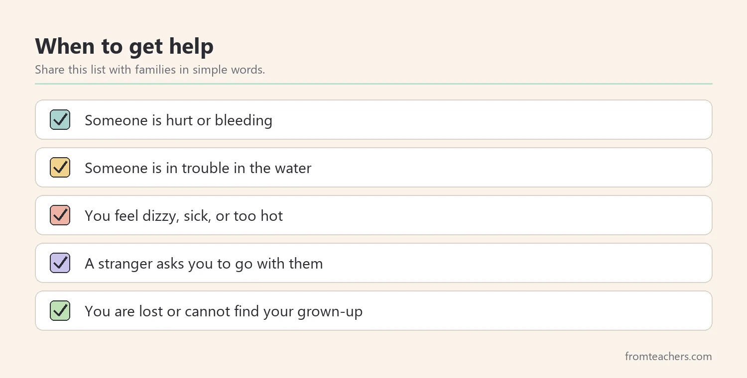 Checklist of situations when a child should get an adult or call for help
