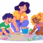 Illustration for summer social skills: two kids sharing a bucket of chalk on a sunny sidewalk while a counselor smiles nearby