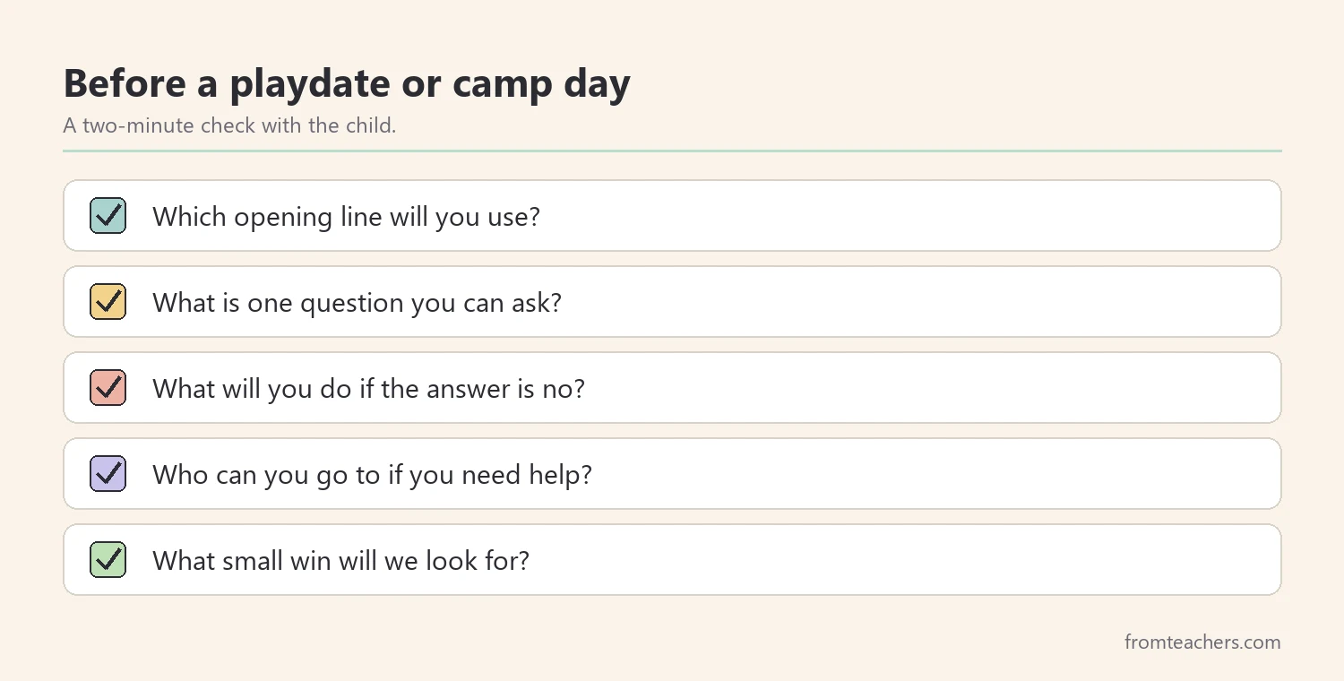Checklist of short preparation steps before a summer playdate or camp day