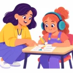 Illustration for supporting autistic students: a teacher crouching beside an autistic girl wearing headphones as they look at a worksheet together