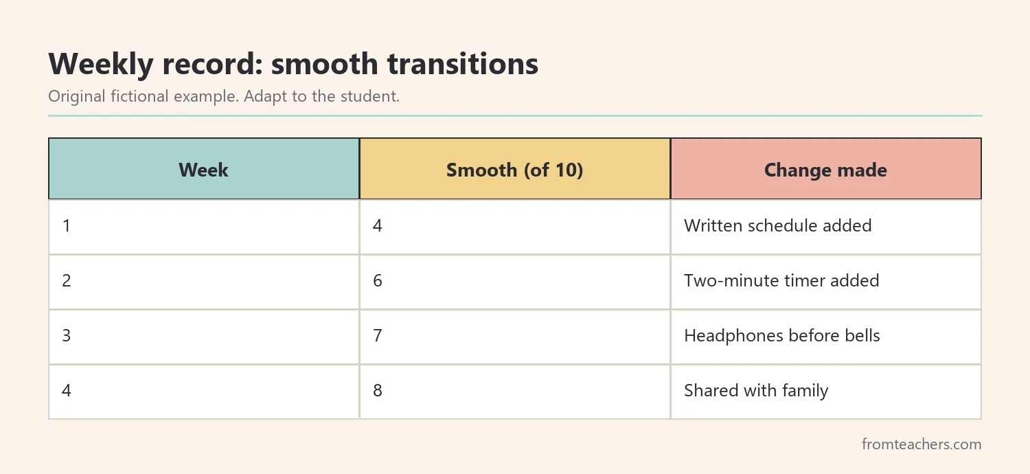 Table of four weeks of fictional data on smooth transitions for one student