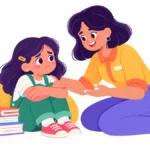 Illustration for supportive language: a teacher kneeling to speak gently with an upset young student in a calm classroom