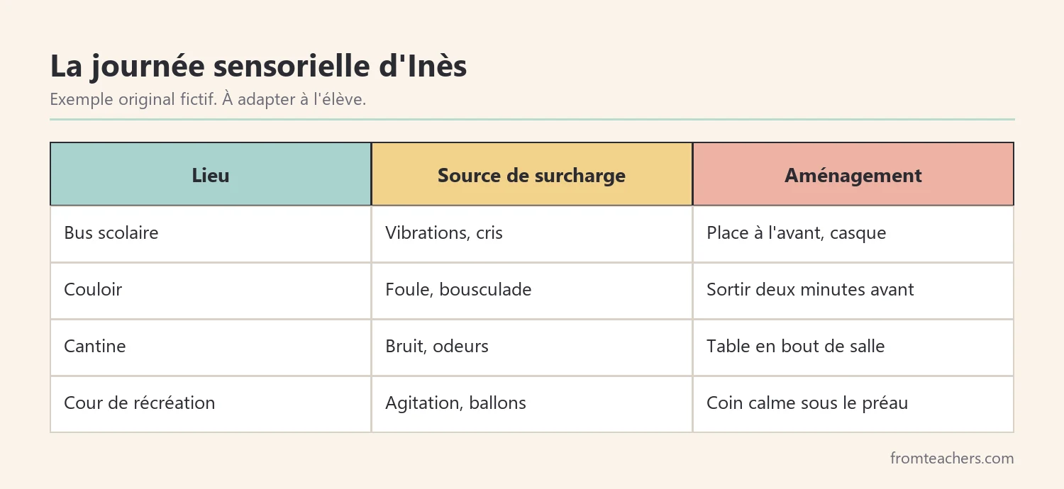 Tableau fictif des lieux de l'école, des sources de surcharge et des aménagements pour Inès