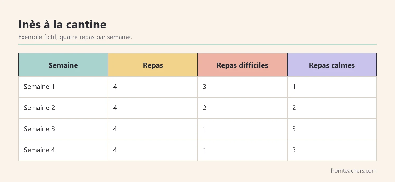 Tableau fictif des repas difficiles d'Inès à la cantine sur quatre semaines