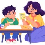 Illustration for task avoidance in students: a boy at a school desk looking at a blank worksheet while a teacher kneels beside him pointing to a short checklist