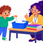 Illustration for task completion checklist: a boy placing a finished worksheet into a classroom turn-in bin while a teacher smiles and gives a thumbs-up