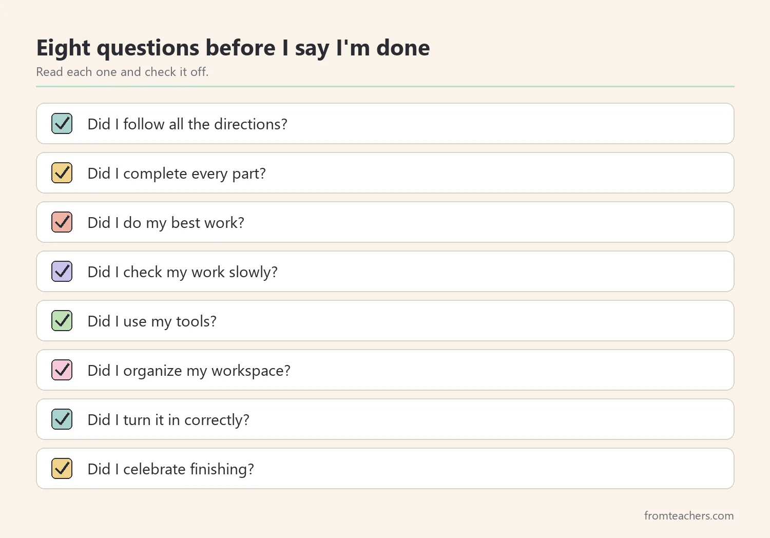 Checklist of eight self-check questions, from following all directions to turning work in and celebrating finishing