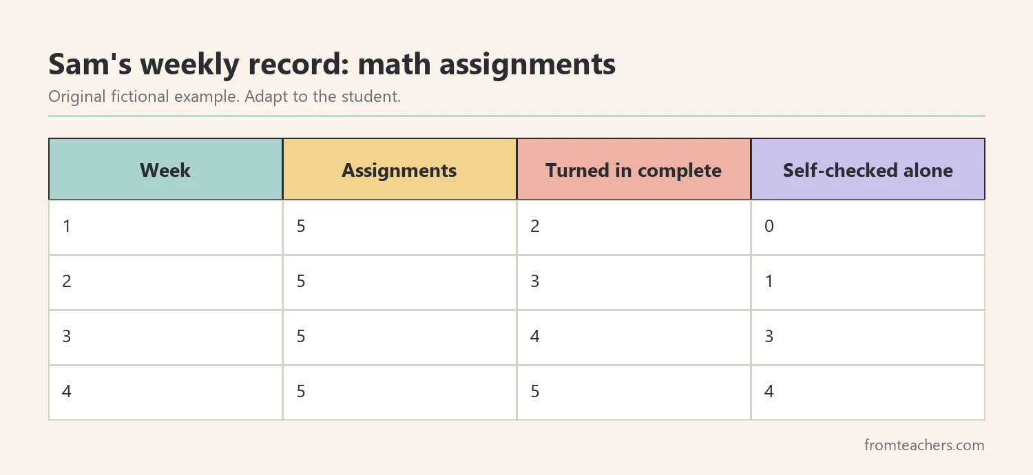 Four weeks of fictional data showing math assignments given, turned in complete, and self-checked without a prompt