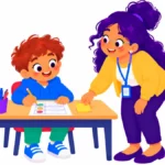 Illustration for task initiation difficulties: a teacher placing a sticky note on a boy's desk as he picks up his pencil to begin a worksheet