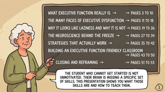 Preview pages from a comic style executive function guide